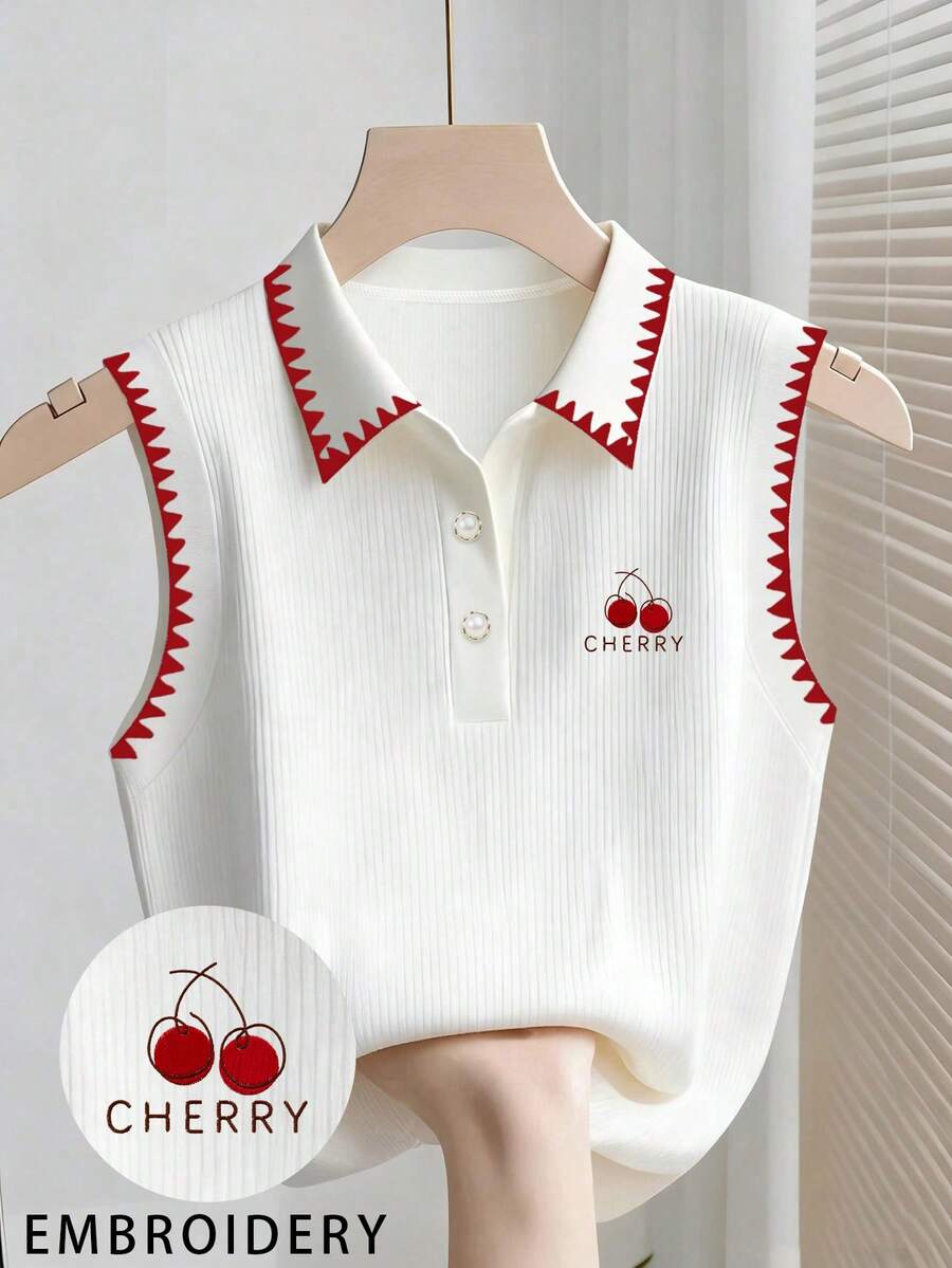 Franclia Women Cherry Embroidery Polo Collar Ribbed Tank Top/Daily Casual Cute / Summer Back-To-School School White - Multicolor - View 1