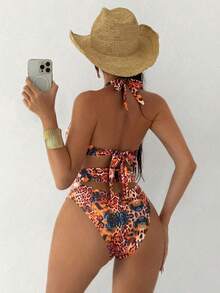 Swim SXY 女士印花加粗肩带前金色装饰后系带连体泳衣 - 彩色 - 查看 2