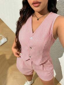 Comfortcana Bộ áo vest và quần short kẻ sọc đỏ cỡ lớn, trang phục thường ngày mùa hè cho lễ tốt nghiệp, tựu trường, trang phục giáo viên mùa thu/đông. - Đỏ - Xem 9