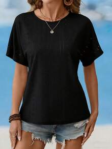 SHEIN 优雅休闲日常度假沙滩夏季圆领镂空露背蕾丝扭结装饰宽松舒适女式T恤 - 黑色 - 查看 7