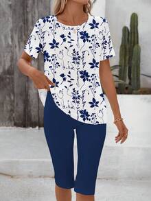 Sylviya 两件套休闲简约度假波西米亚风优雅复古藏蓝色碎花图案沙滩装、度假装、女士夏季套装，T恤和打底裤 - 彩色 - 查看 5