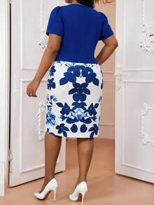 Fleurora Plus Size Women's Navy Blue White Mid-Length 2-Piece Set,Summer Elegant Traditional Wedding Formal Guest Outfit,Puff Sleeve Office Party Dressy - Blue - View 2