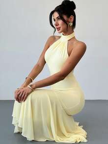 Firerie 女士优雅浪漫情人节约会派对度假飘逸长款雪纺连衣裙 - 淡黃色 - 查看 10