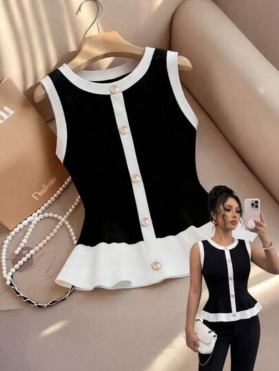 Franclia 黑白衬衫，柔和光泽，修身剪裁，荷叶边下摆。适合复古时尚风格，可用于圣诞节、派对和其他场合。搭配珍珠项链，更显精致优雅。