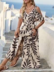 SHEIN Holidaya 休闲度假风深V性感露肩高腰露背蝴蝶结V领镂空细肩带开衩宽松修身长裙，春夏女装夏季连衣裙，女士夏季穿搭，女士长裙，女士休闲连衣裙，女士度假连衣裙 - 咖啡 - 查看 5