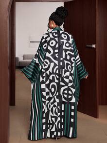 Maweii Plusstorlek Dam Randig Heltryck Casual Vardagskläder Öppen Fram Lång Morgonrock - Blågrön - Visa 6