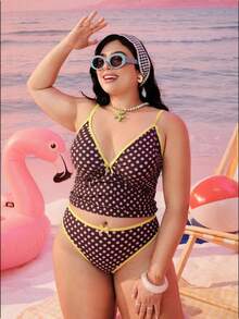 Swim Mod 2026新款加大码女式两件套随机几何印花时尚度假休闲简约显瘦端庄蝴蝶结可调节粗肩带高腰高开衩三角比基尼泳衣 - 棕色 - 查看 6