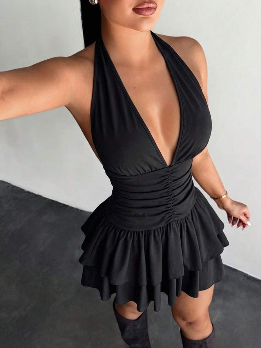 SHEIN SXY 女士休闲性感露背多层蛋糕迷你连衣裙，适合日常穿着 - 黑色 - 查看 1