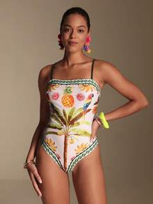 Swim Oasis Bộ đồ bơi liền thân in hình cây dừa nhiệt đới màu xanh dương và trắng dành cho nữ, kiểu dáng thanh lịch, thoải mái, thích hợp cho kỳ nghỉ biển. - Nhiều màu - Xem 14