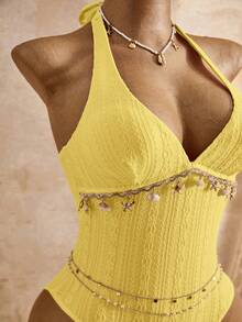 Bellisia 2026春夏女士沙滩连衣裙，连体式，优雅浪漫甜美花卉纹理面料，波西米亚风精致贝壳链装饰，可拆卸胸垫，蝴蝶结肩带，挂脖式连体泳衣，多种颜色可选，浅粉色，甜美可爱，清新优雅，浪漫度假，2026春夏新款，新年，情人节，返校季，旅行季，适合度假、海滩、下午茶野餐、派对、日常穿着、休闲、户外运动，时尚百搭 - 淡黃色 - 查看 4