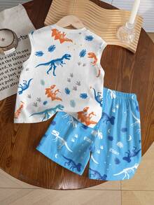Set de 2 piezas de chaleco y pantalones cortos con cuello redondo para niños pequeños, estampado de dinosaurio todo sobre, estilo minimalista de ropa urbana, adecuado para deportes al aire libre y uso diario, primavera/verano/otoño - Multicolor - Ver 2