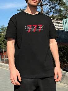 Manfinity Dauomo Vintage American Angel 777 热转印 T 恤，男士“幸运”加大码短袖上衣，街头风 Angel 图案百搭加大码衬衫 - 黑色 - 查看 2