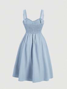 SHEIN MOD Plus Size Summer Casual Solid Color Dress With Big Pockets And Front Buttons,Graduation Dress - Blue - View 4