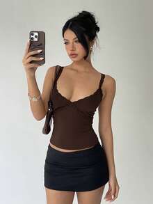 Aloruh 女士酒红色蕾丝拼接深V领修身吊带背心 - 咖啡棕 - 查看 7