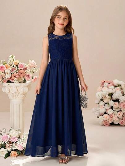 Pitira Vestido sin mangas de gasa con parches de encaje transparente de color azul marino sólido para niñas preadolescentes, adecuado para dama de honor, temporada de bodas, Día de San Valentín, fiestas, cumpleaños, Año Nuevo Chino