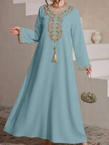 SHEIN Najma Damen eleganter, bunter, bestickter Quasten-Dekor, locker sitzender, bequemer Lässig Bademantel - Lichtblau - Übersicht 3