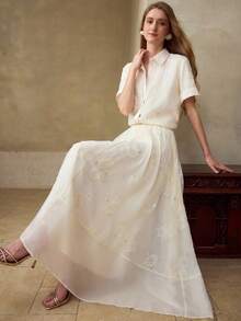 MOTF PREMIUM SPRING/SUMMER NEW BEADED EMBROIDERY PATCHWORK FABRIC A-LINE SKIRT, CLASSIC VERSATILE WOMEN'S SKIRT - Apricot - View 1