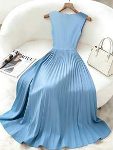 Franclia Women's V-Neck Pleated Waist Sleeveless Casual Flared Dress, Spring/Summer Baby Blue Dress Women Blue Dress Latest Dress - Blue - View 3