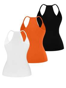 SHEIN LUNE Plus Size Casual V-Neck Sports 3 Pieces Set,Including White Sommar Gym Tank Top Racerback Women's Basic Vest Multipack Workout Tops - Multicolor - View 2