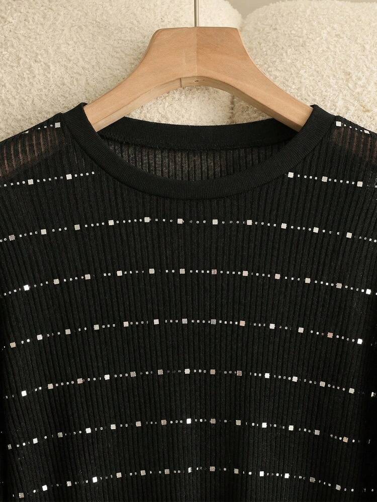 Franclia Women's Round Neck Striped Casual Versatile Daily Wear Long Sleeve T-Shirt - Black - View 3