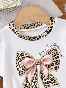 Ropa de primavera y verano para niñas bebés, camiseta de manga corta casual y cómoda con estampado de lazo y estampado de leopardo, adecuada para atuendos casuales de primavera/verano - Multicolor - Ver 5