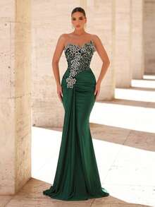 Glamrae Elegant Luxurious Beaded Bubble Floral Bandeau Patchwork Elastic Knit Swimsuit,Suitable For Weddings,Singles Parties,Vacations,Balls,Formal Gowns - Green - View 2