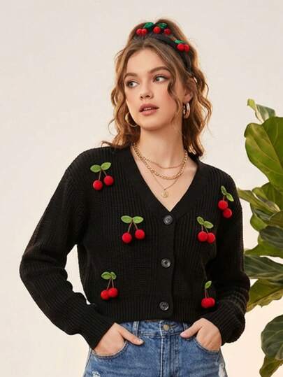 Suéter tejido con cerezas decorativas para mujer