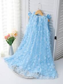 SHEIN Elegant Young Girls Blue Semi Sheer Sleeveless Short Dress Floral Patterned For Everyday Casual Wear - Blue - View 3