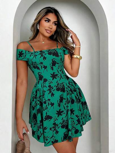 Xyvia Women's Green Base Black Floral Off-Shoulder Short Sleeve Waist Cinched Umbrella Dress, Fashionable & Elegant For Vacation