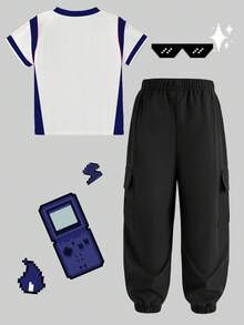 Bộ đồ 2 món cho bé trai, áo thun ngắn tay in hình hoạt hình graffiti + quần jogger cargo, phong cách đường phố hip hop, thoải mái, đa năng cho mọi mùa. - màu đen - Xem 2