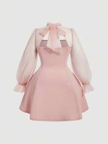 SHEIN MOD 大尺碼網眼拼接粉紅色系連衣裙，綁帶設計 - 粉色 - 查看 3