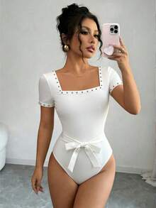 Elenzga Áo liền thân nữ thanh lịch, thoải mái, cổ vuông, đính đinh tán, phối vải, kèm nơ thắt lưng. - trắng - Xem 3