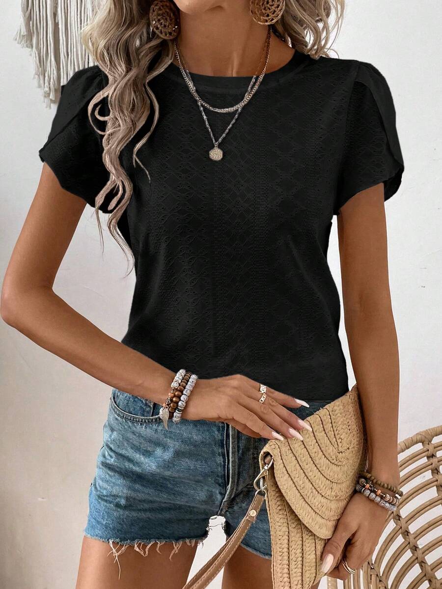 SHEIN LUNE Áo thun nữ tay ngắn cổ tròn màu trơn dáng casual - màu đen - Xem 1