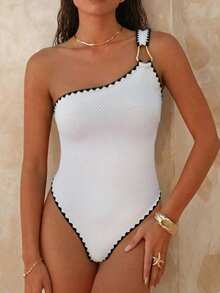 Swim Basics Women's Summer Beach Vacation Sleeveless Ruffled Trim Solid Color One-Piece Swimsuit - White - View 3