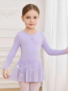 Robe de danse de ballet en maille tricotée lavande avec sequins pour jeunes filles, tenue de danse ajustée avec nœud papillon au dos, stretch douce - Parme - Voir 6