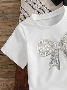 3pcs/Set Girls (Small) T-Shirts, Pink, White, Black, Faux Sequins & Sequins Bow Graphic, Cute All-Match Everyday Wear, Suitable For Spring, Summer, Autumn, 4Y-7Y, Matching Sister Outfits - Multicolor - View 4