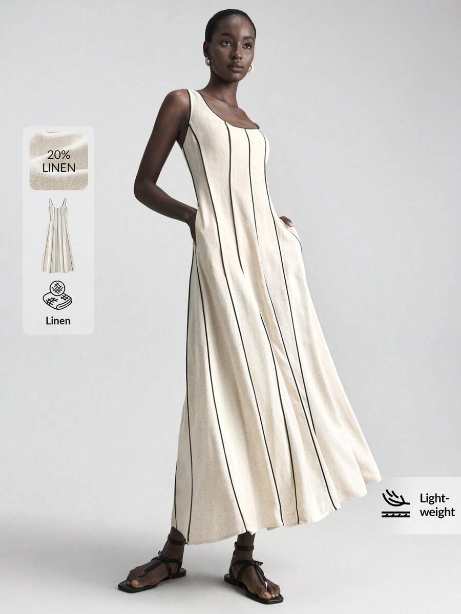 Ontre Đầm không tay màu mơ nhẹ, kiểu dáng thường ngày, mùa hè 2026, phù hợp cho công sở, đi làm hàng ngày, khu nghỉ dưỡng bãi biển thanh lịch, dự đám cưới, lễ hội nhạc đồng quê. - Màu Khaki - Xem 1