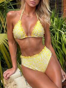 Swim SXY Neon Yellow Leopard Print Random Triangle Halter Drawstring Tie Knot Ruffle Mesh Patchwork Trim Criss-Cross Back Sexy Beach Bikini Swimwear For Women - Yellow - View 5