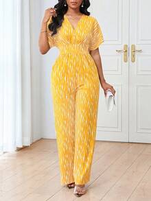 Lunelith SHEIN Lunessa V领短袖条纹印花弹力腰收腰优雅休闲连体裤 - 黃色 - 查看 4