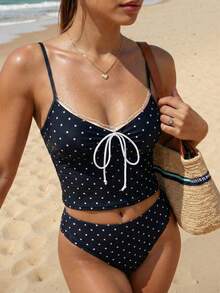 Swim Mod 女士蕾丝波点扭结吊带背心式比基尼套装，含三角裤，适合外出、海滩、下午茶野餐、派对等场合。 - 黑與白 - 查看 4