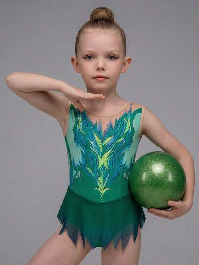 Vêtements pour jeunes filles, un survêtement sans manches multicolore pour filles, avec des imprimés raffinés et un stretch confortable. Convient pour le patinage artistique, les performances de gymnastique et les performances de danse à l'école