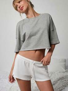 WESTFADE Quần short dệt kim kiểu dáng dễ thương, cạp trung bình, buộc dây phía trước. - trắng - Xem 5