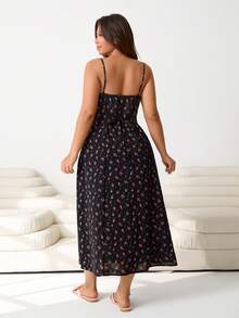 Solflare 2026春夏新款休闲日常穿着派对约会生日音乐节返校通勤度假情人节多场合连衣裙，吊带高腰露背黑色底红色碎花中长连衣裙，大码 - 彩色 - 查看 2