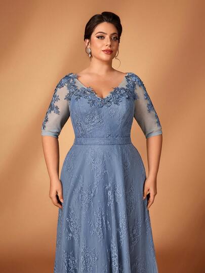 Serin Đầm dáng chữ A cổ tròn tay lửng 3/4 màu xanh nhạt thanh lịch, cỡ lớn, thích hợp cho mọi dịp, đầm dành cho mẹ cô dâu.