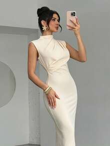 Firerie 女士新款杏色优雅休闲日常通勤度假时尚立领垂袖收腰纯色针织连衣裙，优雅，通勤，约会，婚礼季 - 杏色 - 查看 5