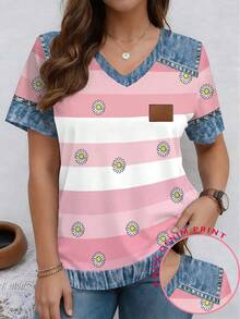 EMERY ROSE Tricou casual cu mânecă scurtă, model floral cu dungi, cu decolteu în V și imprimeu patchwork, mărime mare, primăvară-vară - Multicolor - Vizualizare 1