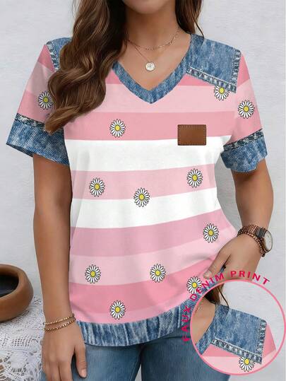 EMERY ROSE Printed Floral Patchwork Pattern Striped V-Neck Short Sleeve Casual Plus Size T-Shirt, Spring & Summer