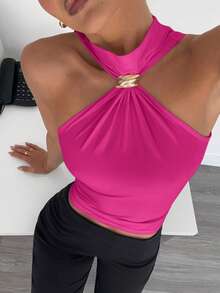 Siren Gaze Women's Sleeveless Stand Collar Top With Metal Decor, Commuting & Vacation Casual Blouse,Summer Top - Hot Pink - View 6