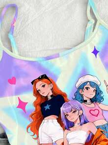 少女扎染休闲吊带背心，K-POP卡通女孩图案，运动肩带，适合春夏日常、海滩、户外休闲穿着 - 彩色 - 查看 3