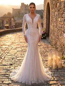 Glamrae Elegant Luxurious Stretchy Lace Floral Trim Sheer Sleeve Mermaid Maxi Dress With Long Train, Suitable For Weddings, Parties, Vacations, Balls, Honeymoon - White - View 6